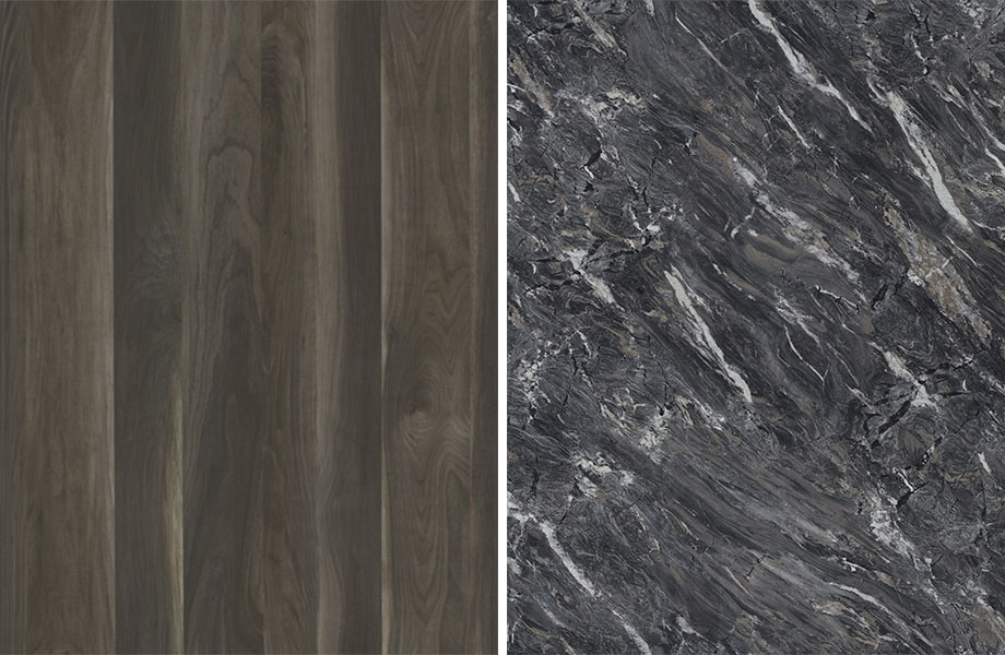 Woodgrain and stone pairing: Smoky Planked Walnut and Stormy Night Granite