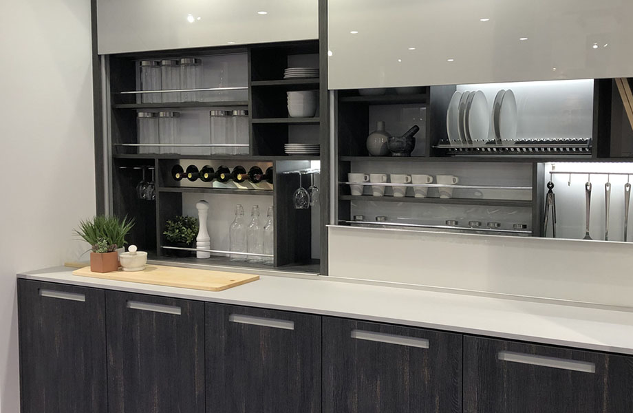 Framless, open, upper cabinets seen at Lauiermax Euro at KBIS 2019