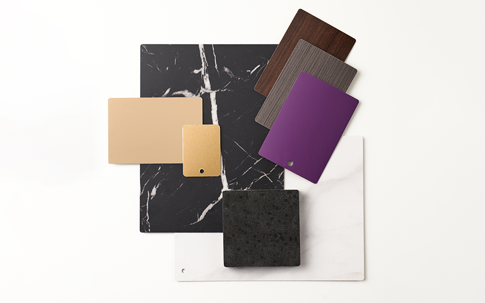 Collection of Formica Laminate samples with stone looks, metallics, browns and purple