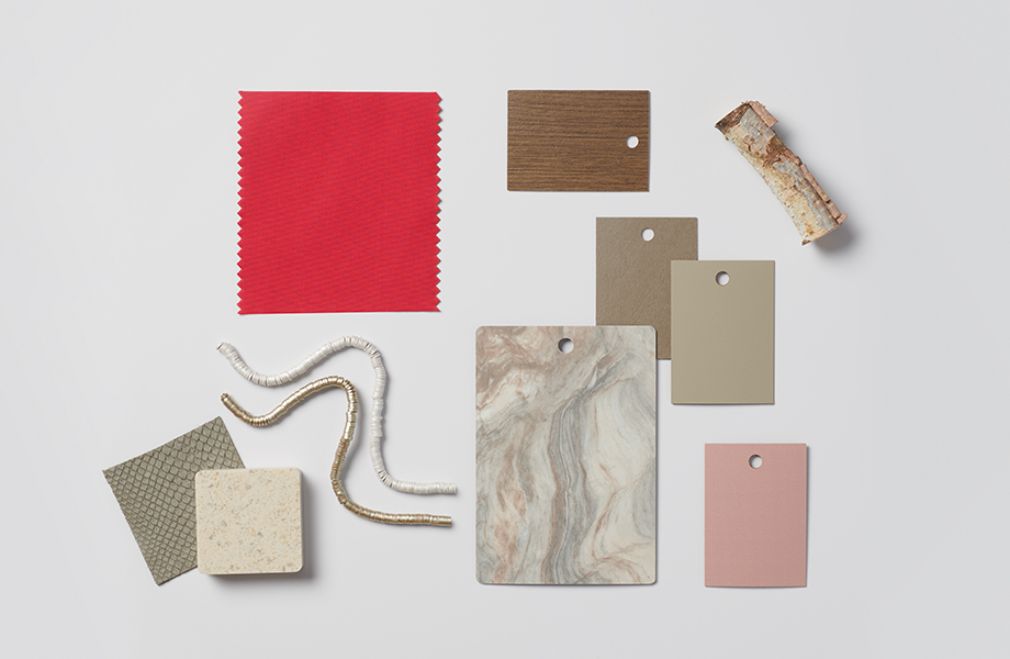 Collection of colorful swatches including Formica® product samples and the Pantone Color of the Year