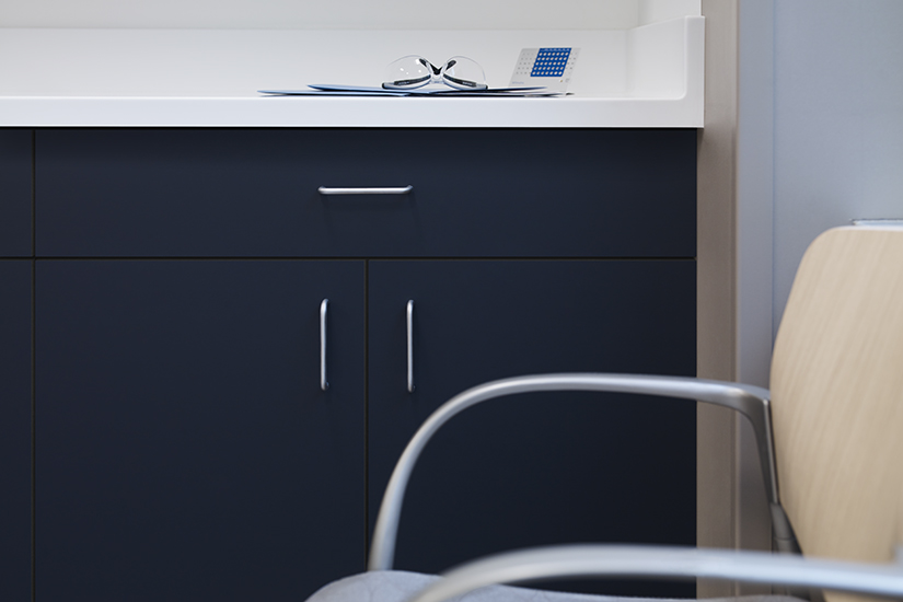 Doctors office with the cabinets in High Pressure Laminate HPL Formica Infiniti 5323-AN Nocturne Formica and countertop in Solid Surfacing 109 Brite White