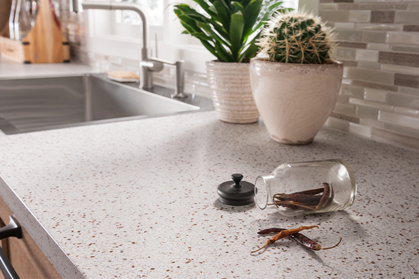 Kitchen countertop with plants and peppers 742 Blanco Terrazzo Formica Solid Surfacing