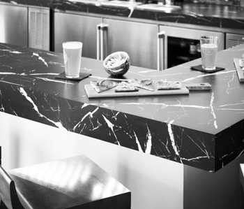 Bar 180fx® Laminate by Formica Group 7403-11 Nero Marquina, DecoMetal® metal laminate M2042 Brasstoned Brushed Aluminum