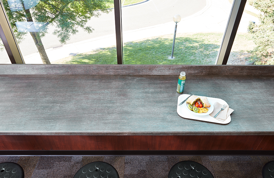Restaurant counter with Formica laminate and lunch overlooking the street