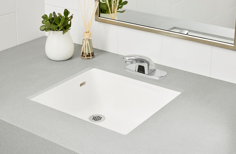 415 Luna Steel solid gray countertops with white solid surface sink in bathroom with plant