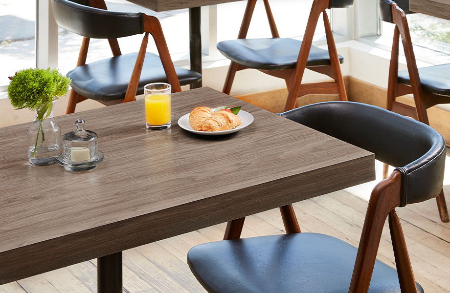 5788-NG Hazel Walnut woodgrain laminate restaurant table with breakfast 