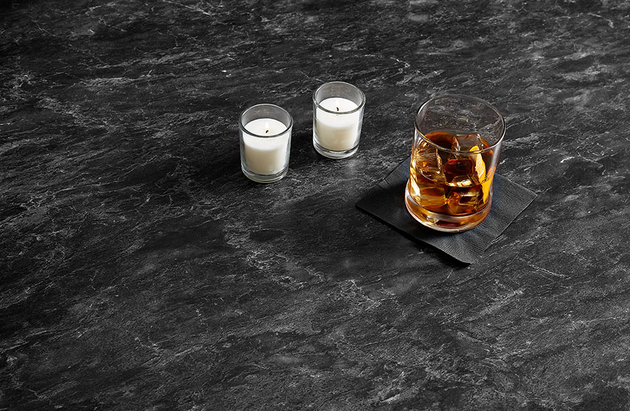 5019-34 Black Bardiglio with drink and candles shows the versatility of near-black countertops 