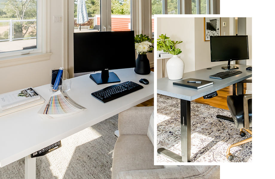 Laminate desk with computer, keyboard and other office supplies