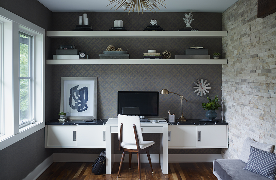 7403-11 Nero Marquina desk with 949C-58 White shelving and sliding drawers in living room office 