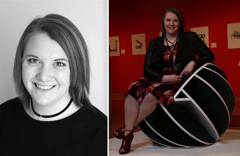 Rachel Marie Thompson headshot and sitting in FORM chair