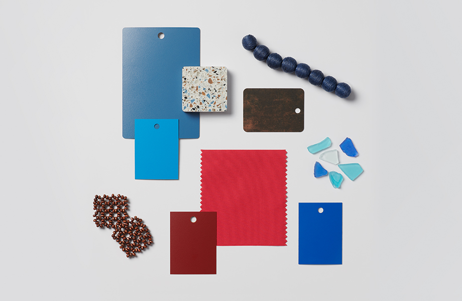 Collection of colorful swatches including Formica® product samples and the Pantone Color of the Year