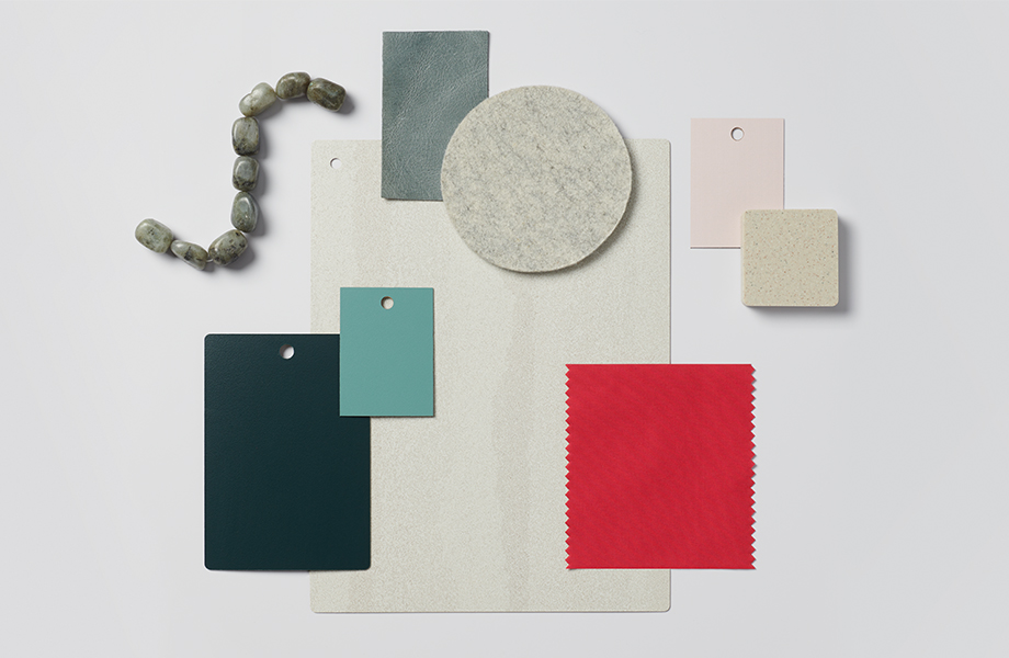 Collection of colorful swatches including Formica® product samples and the Pantone Color of the Year