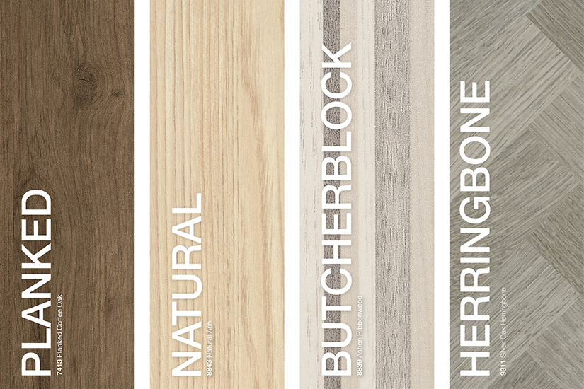 Formica® Brand Woodgrains Laminates styles: Planked, Rotary/Natural, Butcherblock, Herringbone