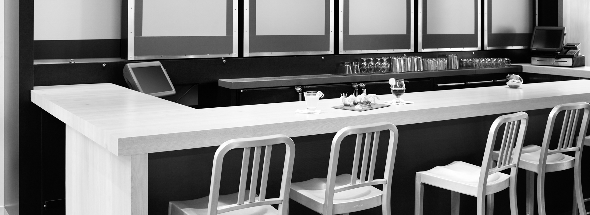 Bar surfaces: Formica® Laminate 6438 Washed Knotty Ash, DecoMetal® metal laminates M8550 Matte Rose Gold Labrynth and M5307 Plex Umbra, Formica Infiniti® ColorCore®2 912C-AN Storm