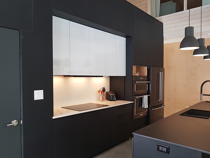 Formica Infiniti® Laminate 909 AN Black kitchen cabinets and kitchen island surrounds in Ecohabitat S1600