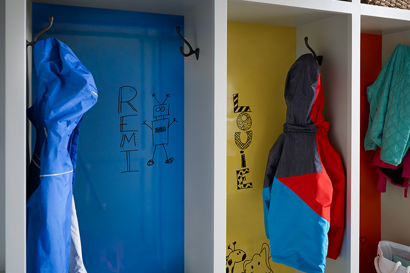 Childrens coat cubbies 8795 Matrix Blue 1485 Chrome Yellow 2962 Clementine