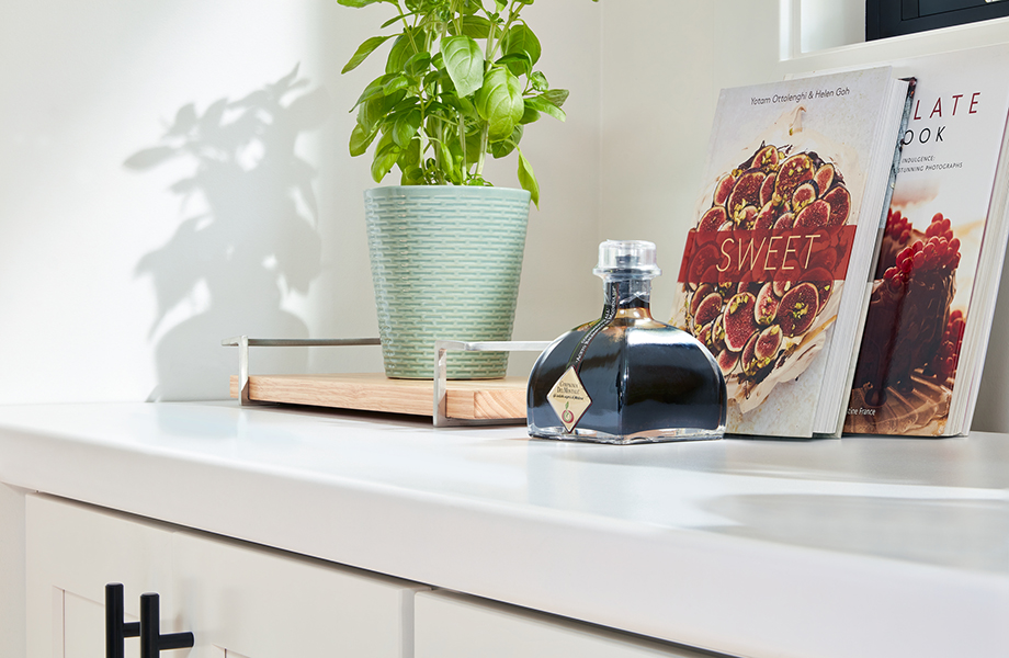 949-58 White Formica® Laminate countertops with books and vinegar