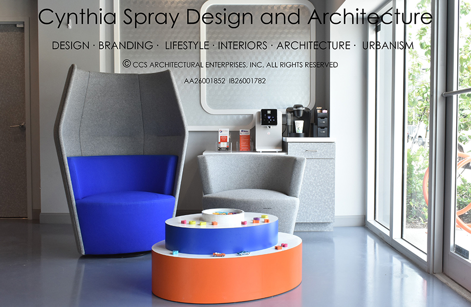 Chair and table by Cynthia Spray featuring Clementine and Spectrum Blue Formica Laminate