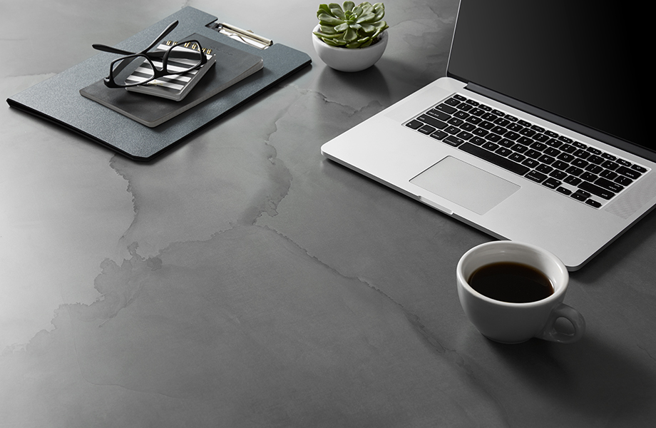 5017-11 Watercolor Steel black laminate tabletop with laptop and office accessories