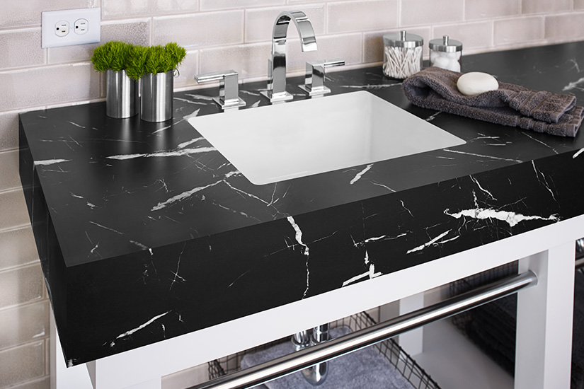 7403 Nero Marquina 180fx laminate black marble bathroom countertop with soap