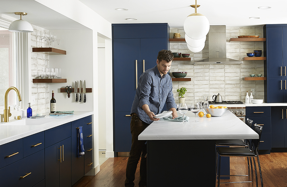 White Marble Laminate Countertop, Dark Blue Kitchen Cabinets With White Marble Countertops