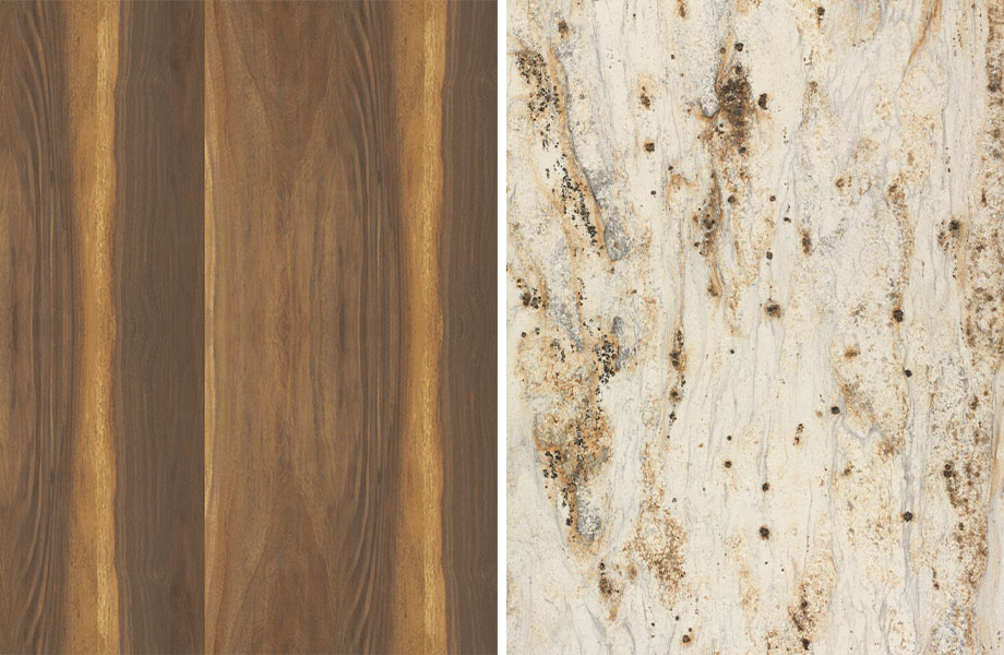 Woodgrain and stone pairing: Wide Planked Walnut and River Gold