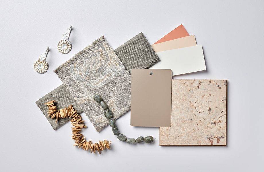 Palette featuring 3202 Otter Formica® Laminate swatch with design elements in beige and coral