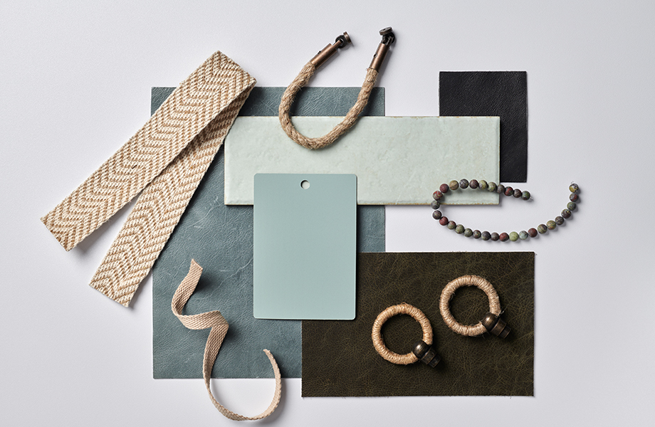 Palette featuring 5349 Fossil Formica® Laminate swatch with design elements in brown, black and green