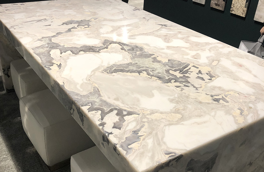 Antolini natural stone kitchen counter with soft beige and gray veining