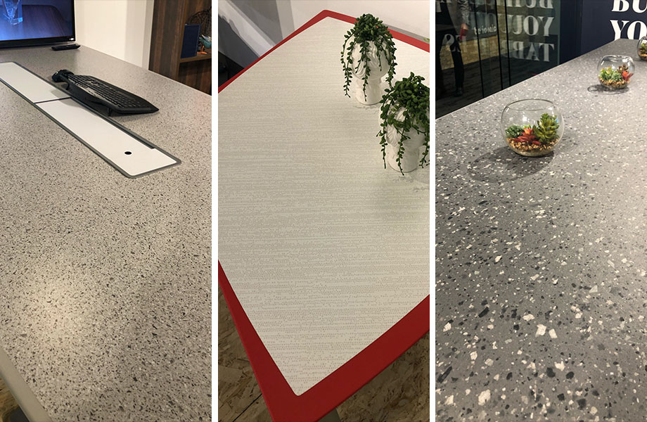 Left to Right: Tonal Paper Terrazzo, White Drops, and Smoked Sea Salt starred in Surface Works’ showroom