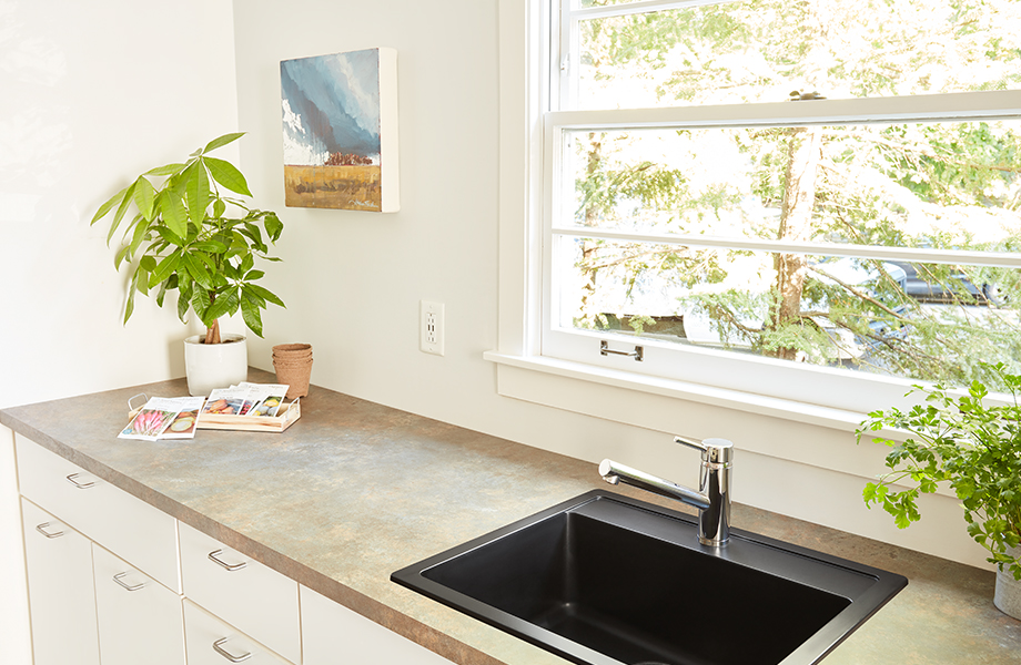 Mudroom with sink, plants and Formica laminate countertop