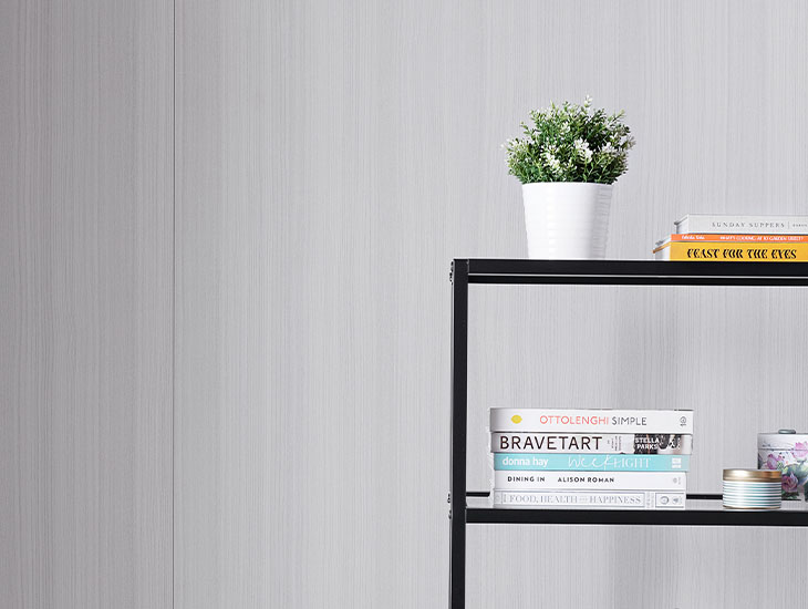 5784-NG Ashwood Bone gray wood wall with bookshelf and plant