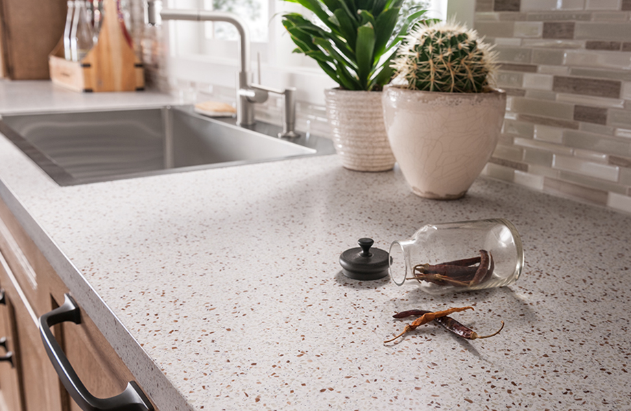 Kitchen countertop with plants and peppers 742 Blanco Terrazzo Formica Solid Surfacing