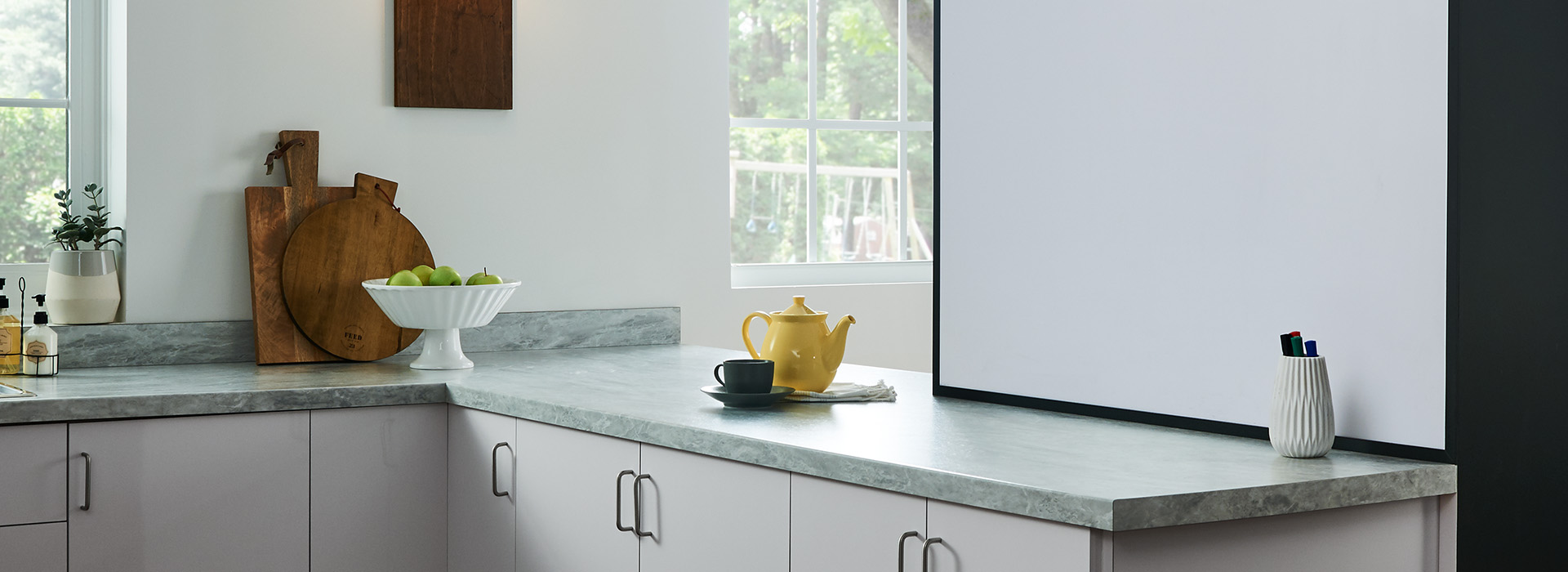 Dry erase board in kitchen with yellow teapot 949 White Writable Surfaces