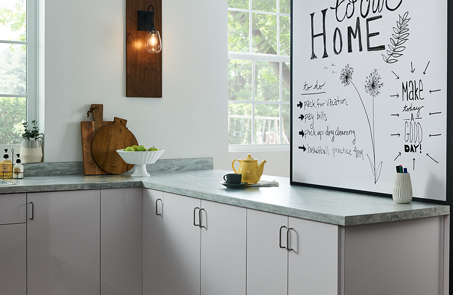 Dry erase board in kitchen with yellow teapot 949 White Writable Surfaces