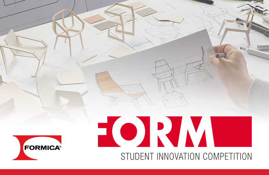 FORM Competition graphic with sketches and paper models of chairs