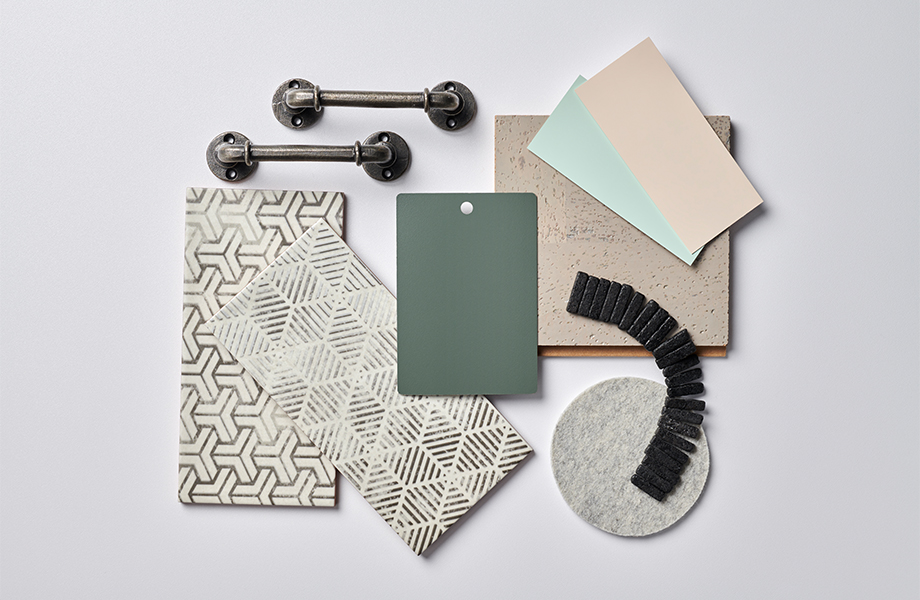 Palette featuring 8793 Green Slate Formica® Laminate swatch with design elements in cream and beige