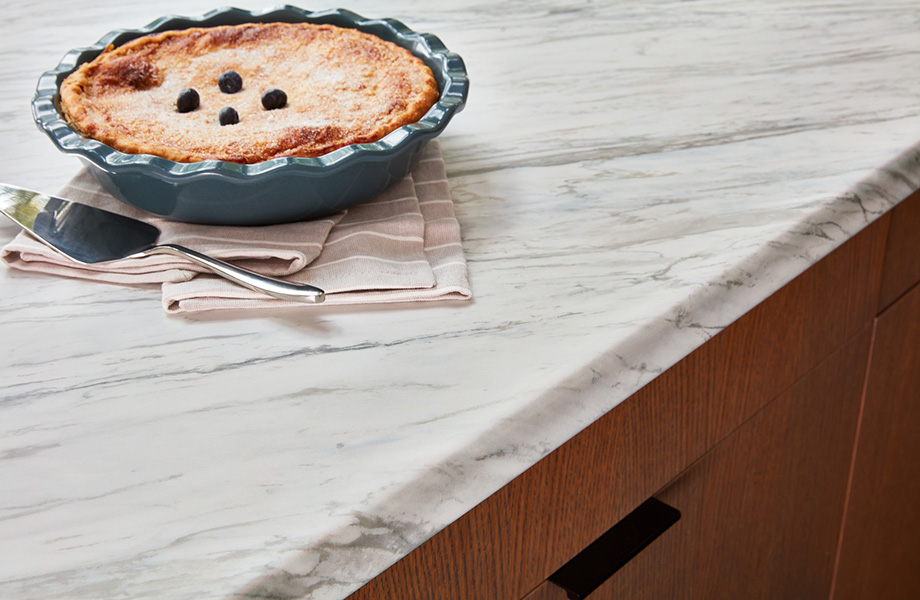 Close-up of Manhattan Marble 180fx® Laminate kitchen counter with pie