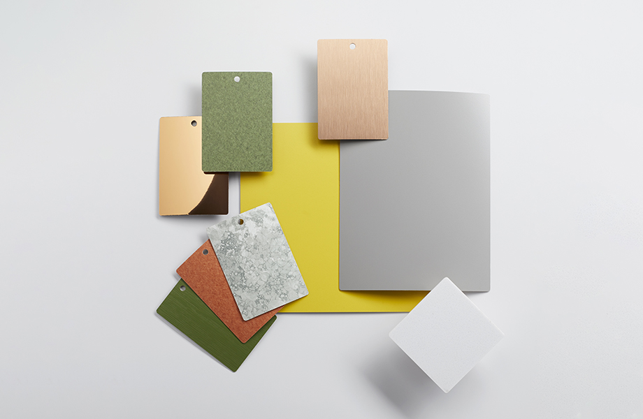 Collection of Formica laminate samples in green, gray and yellow
