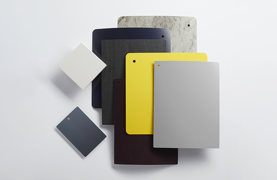 Collection of Formica laminate samples in blue, yellow and gray