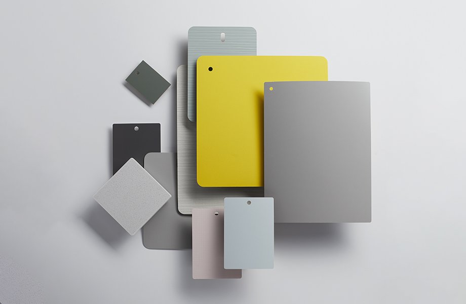 Collection of Formica laminate samples in pastels and gray tones