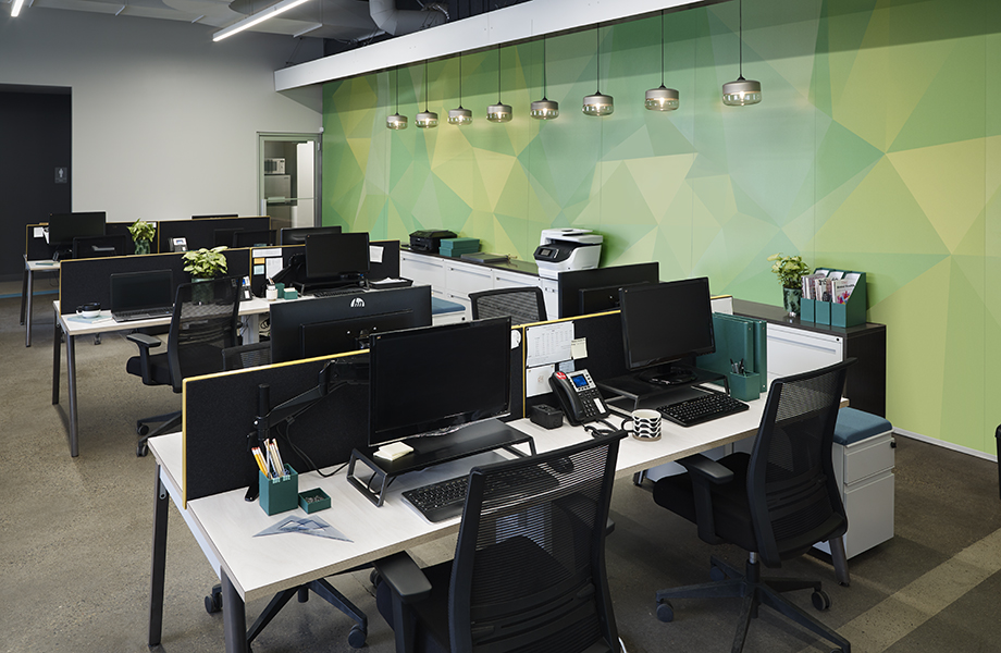 Office with 6372 White Washed Birchply laminate desks, computers and Formica Envision wall treatment