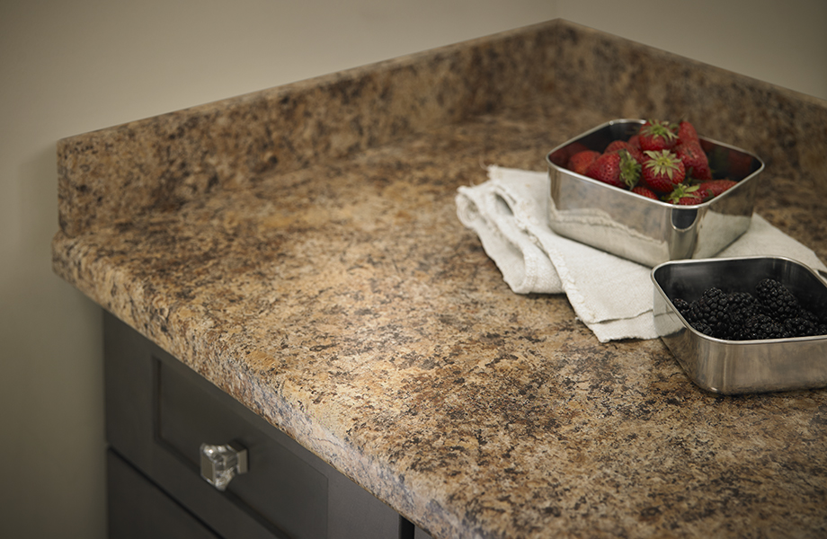Butterum Granite laminate countertop with bowls of berries