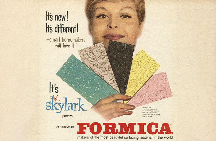 Ad showing woman holding five colors of Formica laminate in the Skylark pattern 