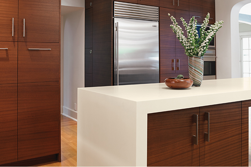 Flowers and bowl on kitchen countertop 773 Luna Sail White Formica Solid Surfacing