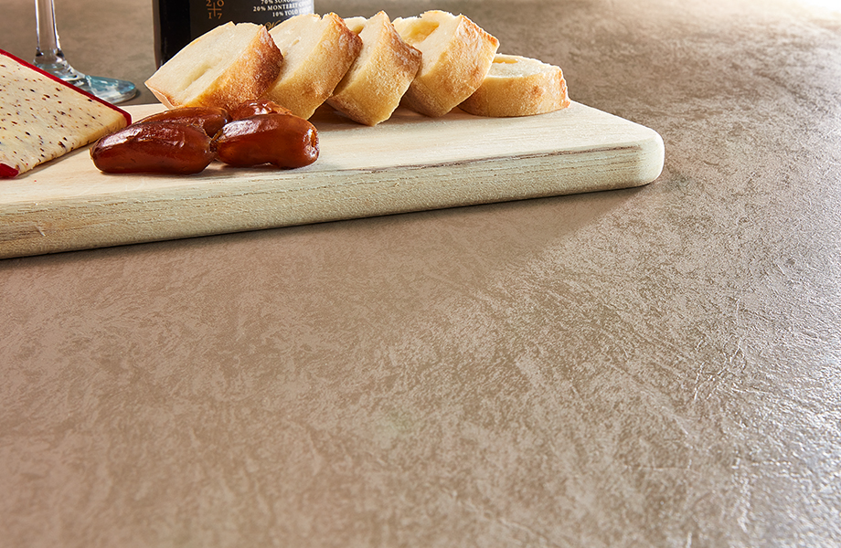 Close-up of Formica laminate countertop with bread and cheese