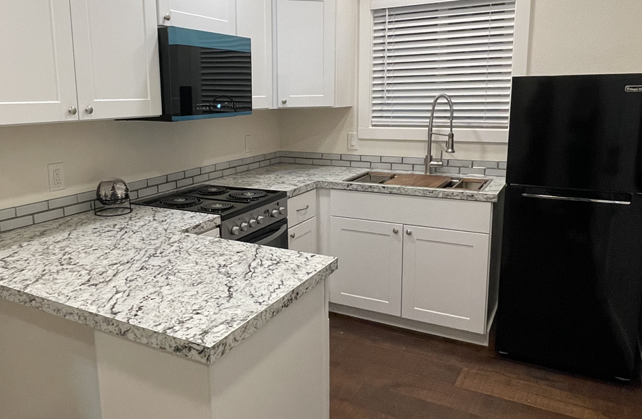 Tiny Home kitchen with White Ice Granite laminate