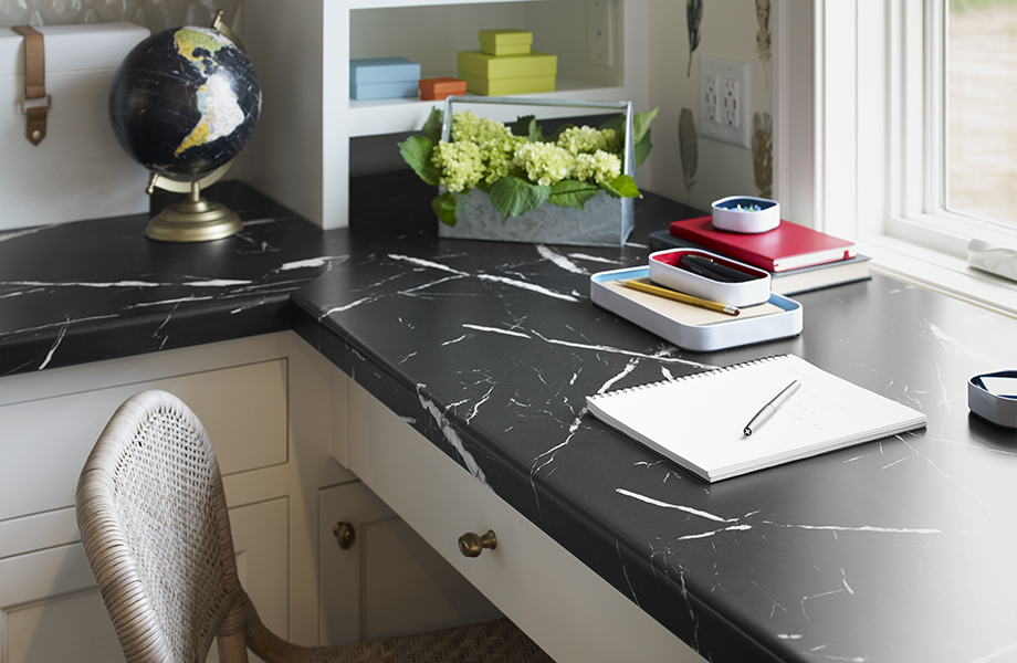 Corner desk with 7403-11 Nero Marquina countertops and white drawers