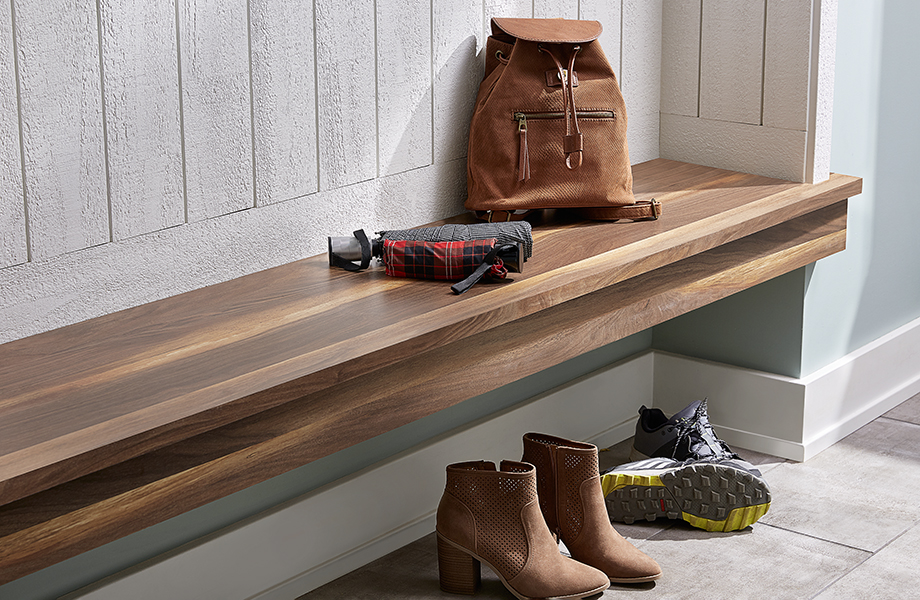 Mudroom with 9479 NG Wide Planked Walnut bench, shoes, and a bag