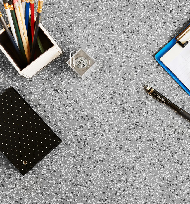 411 Grafite Terrazzo Matrix Desk top with clipboard and cell phone